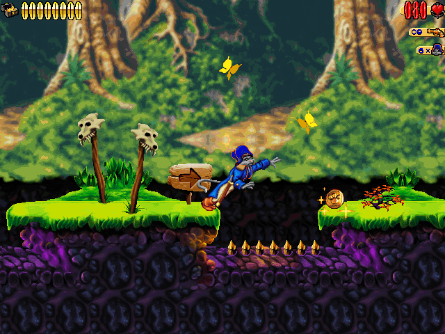 An image of Captain Claw standing near a pit of spikes, trying to keep his balance so he doesn't fall over.