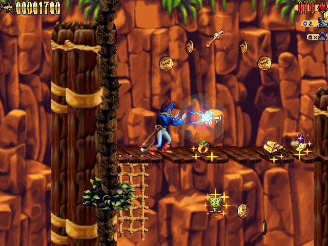 An image of captain claw using the magic claw while standing still. It looks kind of like a blue fireball.